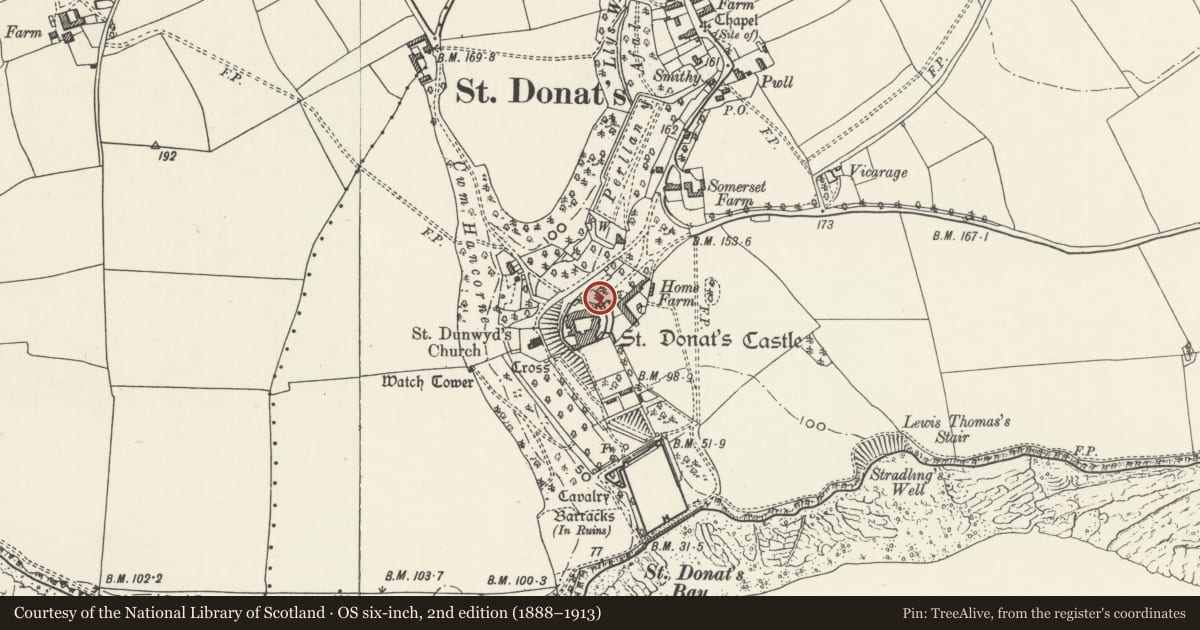 Ordnance Survey six-inch map, 2nd edition (1888–1913) covering the location of Walls of Entrance Forecourt flanking the Bridge at St Donats Castle, St. Donats, Vale of Glamorgan, with a pin at the register's coordinates