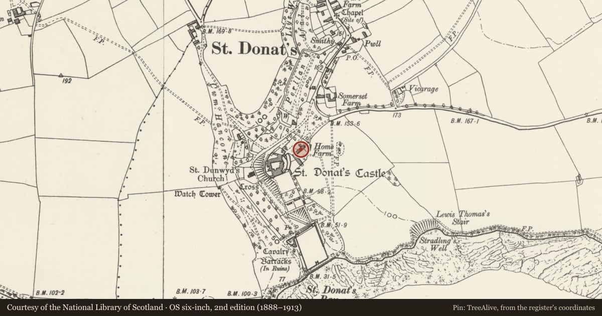Ordnance Survey six-inch map, 2nd edition (1888–1913) covering the location of Music Department at Atlantic College, St. Donats, Vale of Glamorgan, with a pin at the register's coordinates