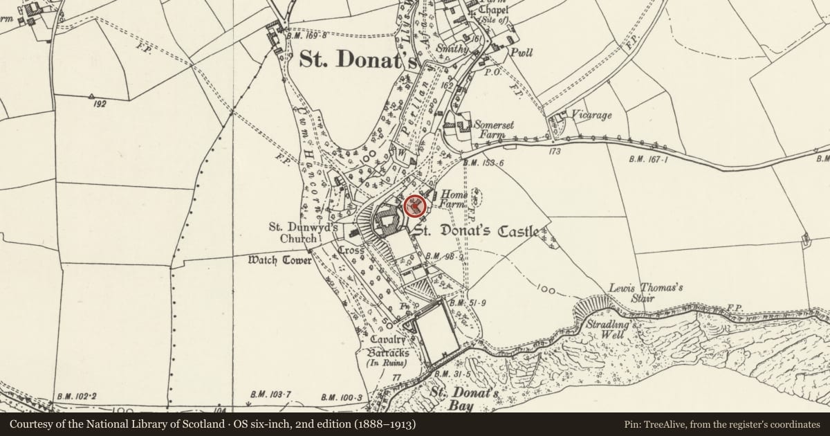 Ordnance Survey six-inch map, 2nd edition (1888–1913) covering the location of Former Forecourt Stables at St Donats Castle, St. Donats, Vale of Glamorgan, with a pin at the register's coordinates