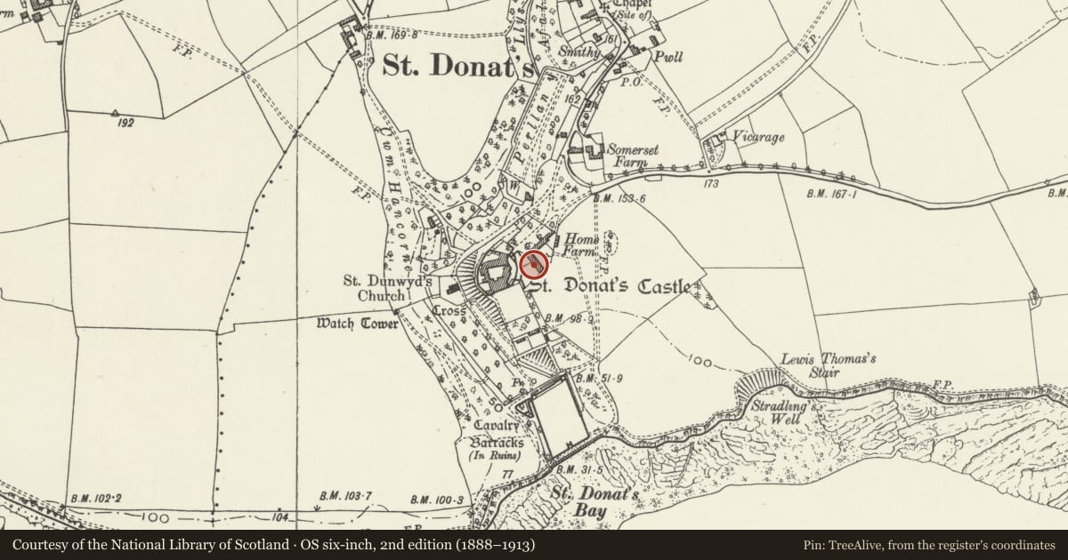 Ordnance Survey six-inch map, 2nd edition (1888–1913) covering the location of St Donats Arts Centre, St. Donats, Vale of Glamorgan, with a pin at the register's coordinates