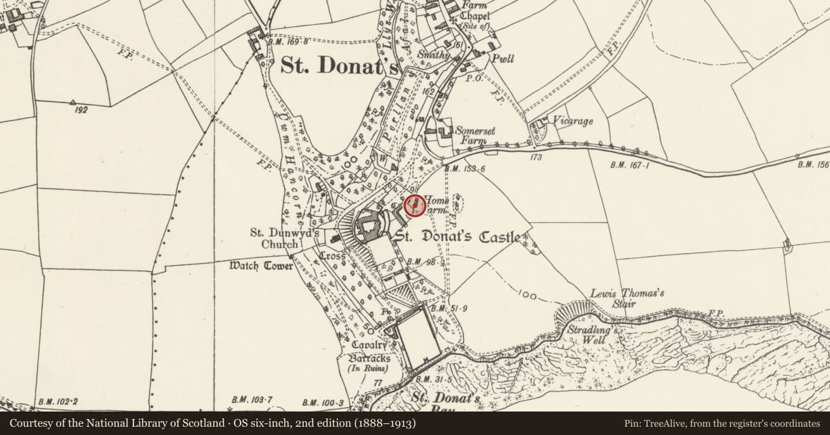 Ordnance Survey six-inch map, 2nd edition (1888–1913) covering the location of Art Department of Atlantic College, St. Donats, Vale of Glamorgan, with a pin at the register's coordinates