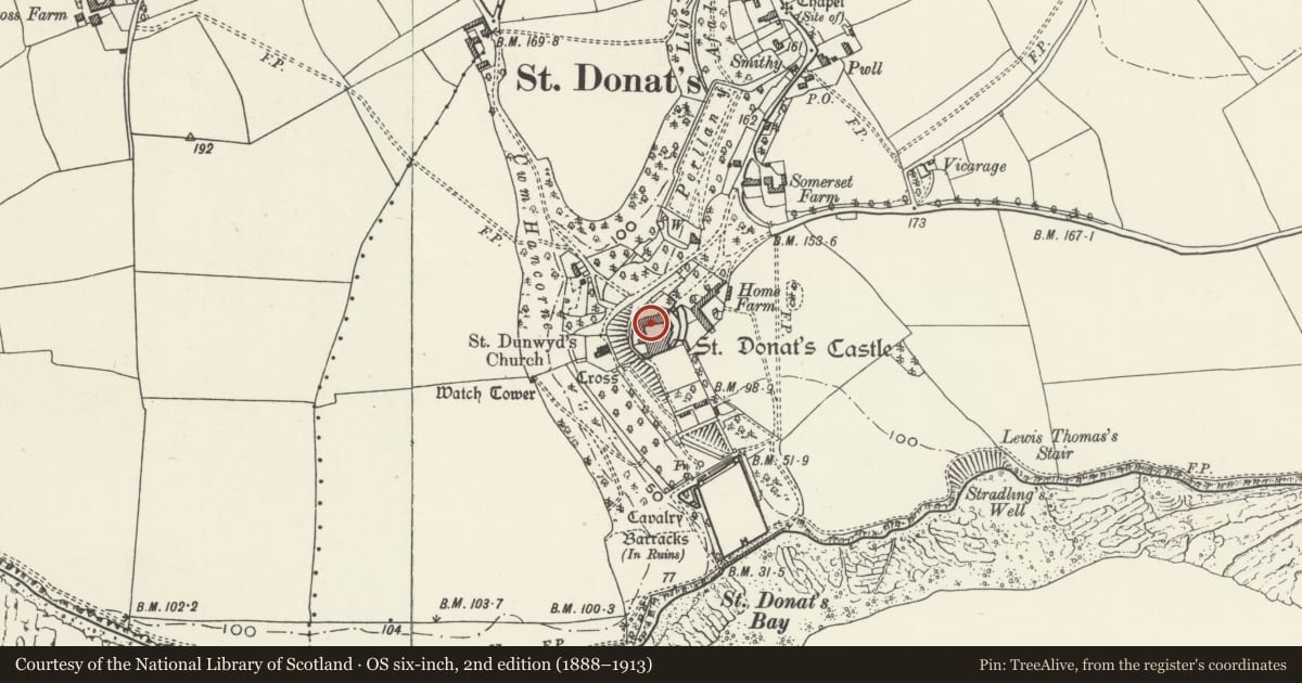 Ordnance Survey six-inch map, 2nd edition (1888–1913) covering the location of St Donats Castle (United World College of the (Atlantic), including entrance Bridge, St. Donats, Vale of Glamorgan, with a pin at the register's coordinates