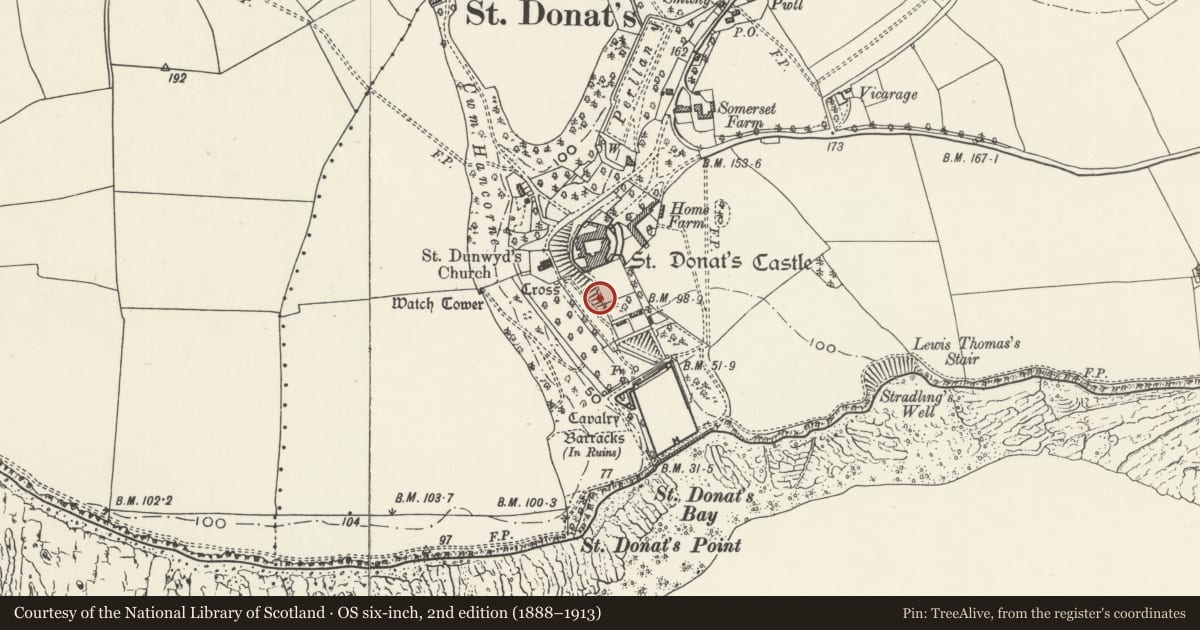 Ordnance Survey six-inch map, 2nd edition (1888–1913) covering the location of Walls, Steps, Terraces, Pavilion, Summerhouses and Cottage attached to wall of the Hanging Gardens, St. Donats, Vale of Glamorgan, with a pin at the register's coordinates