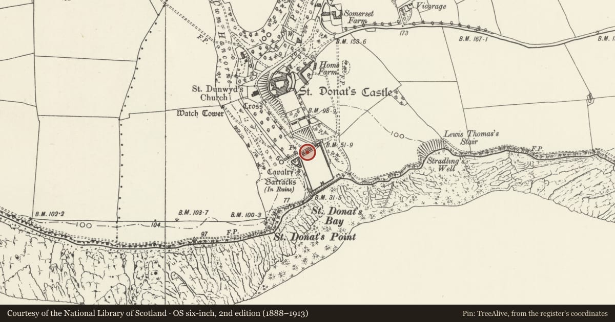 Ordnance Survey six-inch map, 2nd edition (1888–1913) covering the location of The Cavalry Barracks, St. Donats, Vale of Glamorgan, with a pin at the register's coordinates