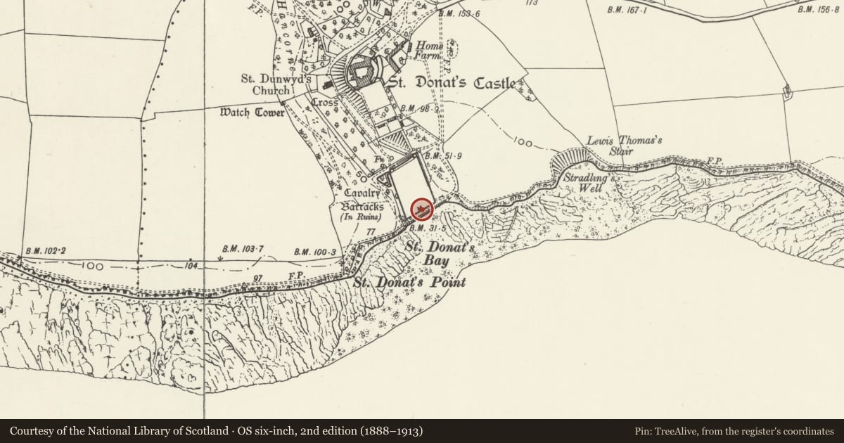 Ordnance Survey six-inch map, 2nd edition (1888–1913) covering the location of Sea Walls and Towers at St Donats Castle, St. Donats, Vale of Glamorgan, with a pin at the register's coordinates