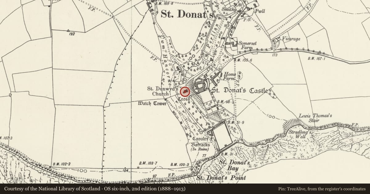 Ordnance Survey six-inch map, 2nd edition (1888–1913) covering the location of Church of St Donat, St. Donats, Vale of Glamorgan, with a pin at the register's coordinates