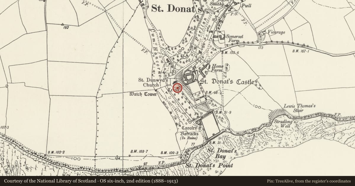 Ordnance Survey six-inch map, 2nd edition (1888–1913) covering the location of Cottage against the south-east wall of the Churchyard of the Church of St Donat, St. Donats, Vale of Glamorgan, with a pin at the register's coordinates