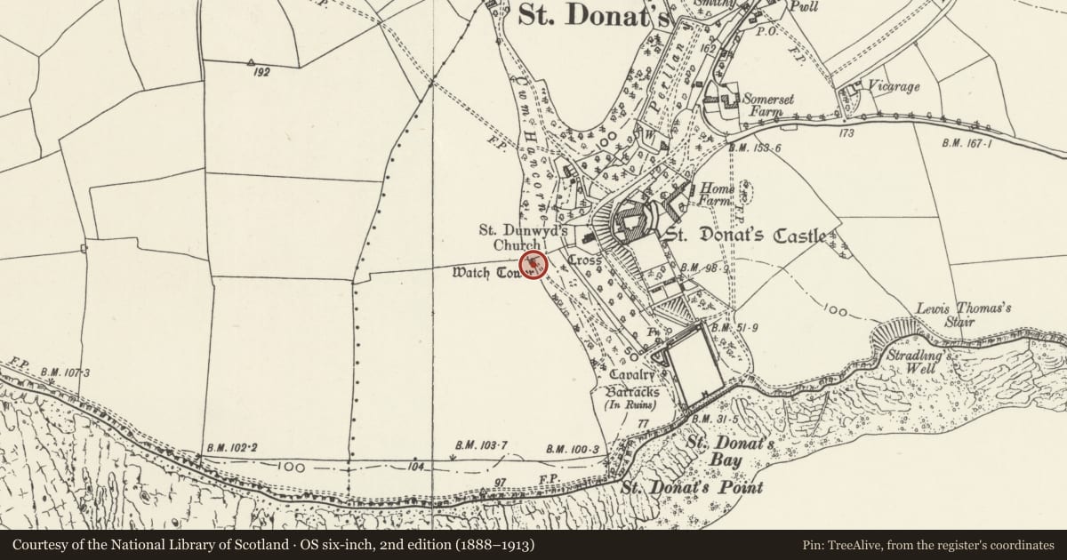 Ordnance Survey six-inch map, 2nd edition (1888–1913) covering the location of Watch-tower to west of St Donats Castle, St. Donats, Vale of Glamorgan, with a pin at the register's coordinates