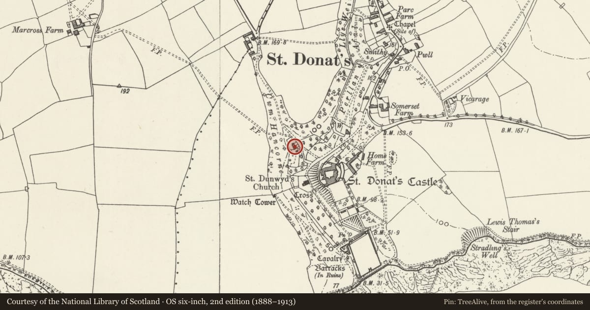 Ordnance Survey six-inch map, 2nd edition (1888–1913) covering the location of The Old Rectory, St. Donats, Vale of Glamorgan, with a pin at the register's coordinates