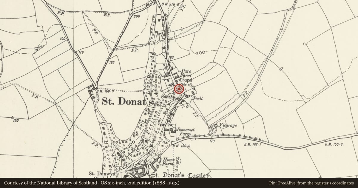 Ordnance Survey six-inch map, 2nd edition (1888–1913) covering the location of North Lodge to St Donats Castle, St. Donats, Vale of Glamorgan, with a pin at the register's coordinates