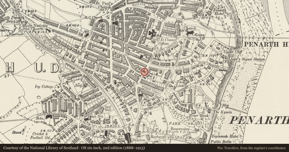 Ordnance Survey six-inch map, 2nd edition (1888–1913) covering the location of Pillar Box outside the Post Office, Penarth, Vale of Glamorgan, with a pin at the register's coordinates