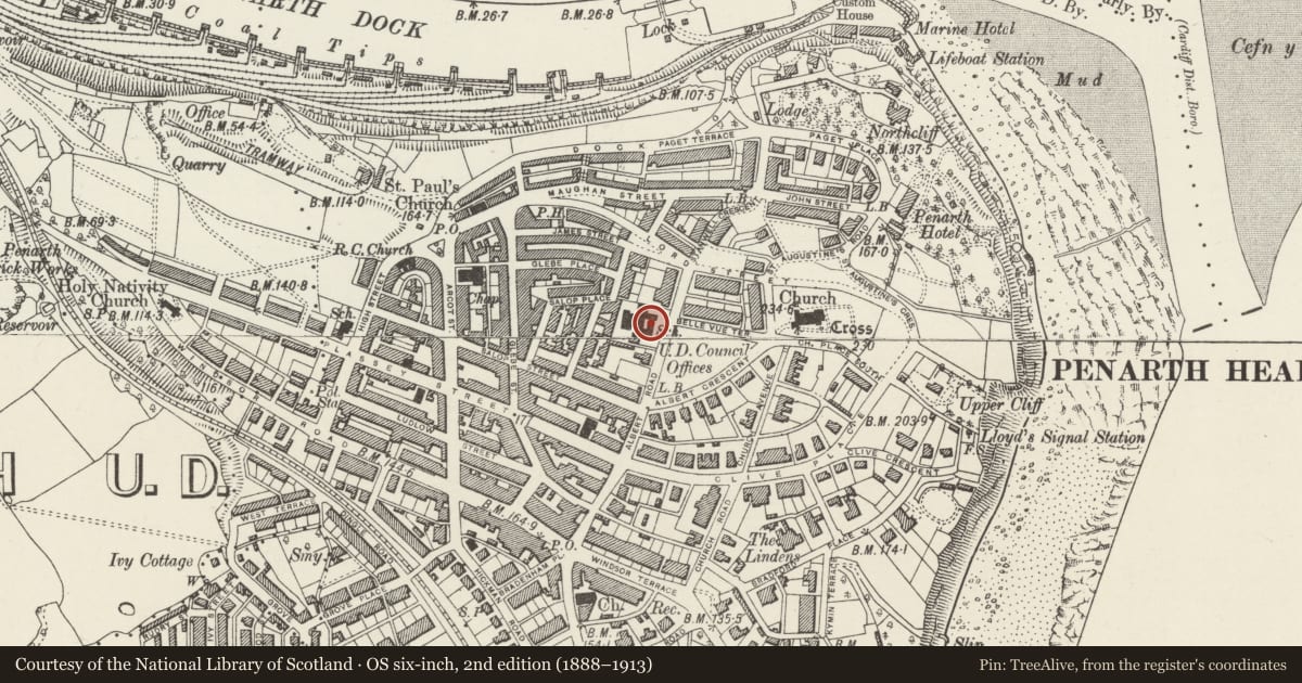 Ordnance Survey six-inch map, 2nd edition (1888–1913) covering the location of School House, Penarth, Vale of Glamorgan, with a pin at the register's coordinates