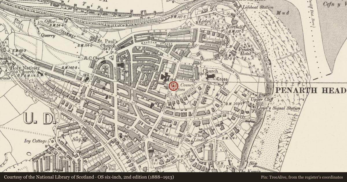 Ordnance Survey six-inch map, 2nd edition (1888–1913) covering the location of Telephone Call-box on the edge of Albert Road Gardens, Penarth, Vale of Glamorgan, with a pin at the register's coordinates