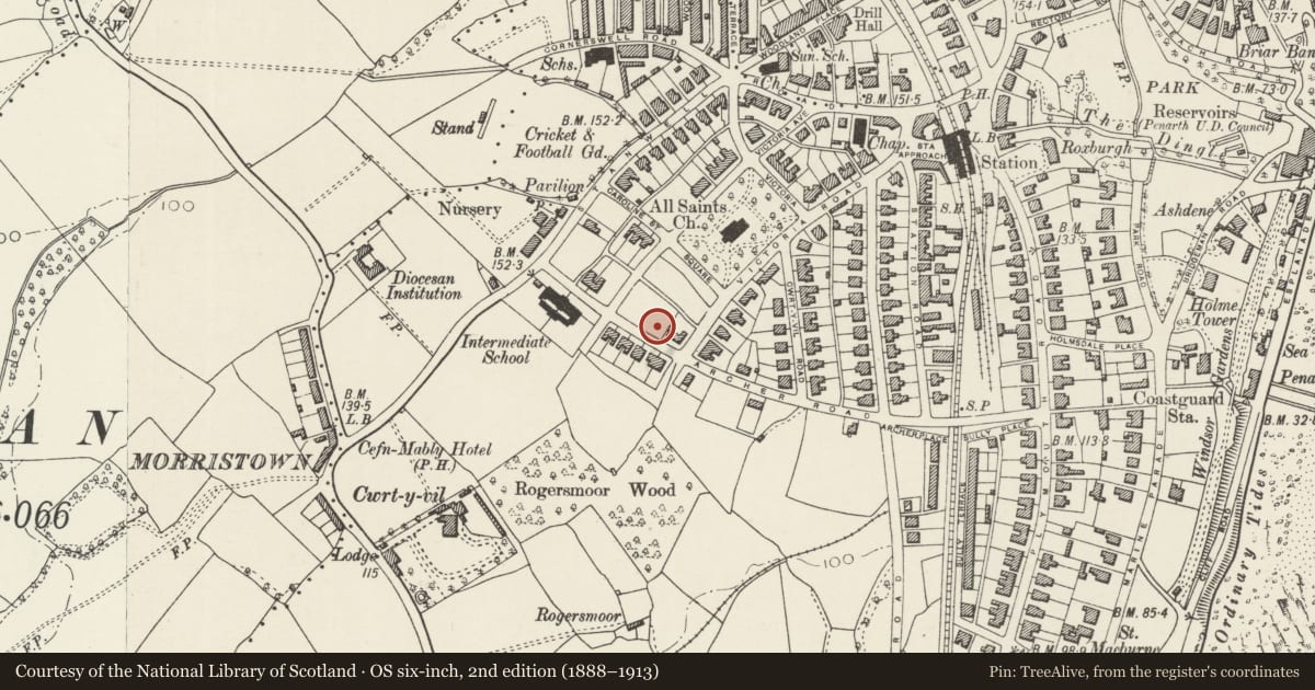 Ordnance Survey six-inch map, 2nd edition (1888–1913) covering the location of 20 Archer Road, Penarth, Vale of Glamorgan, with a pin at the register's coordinates