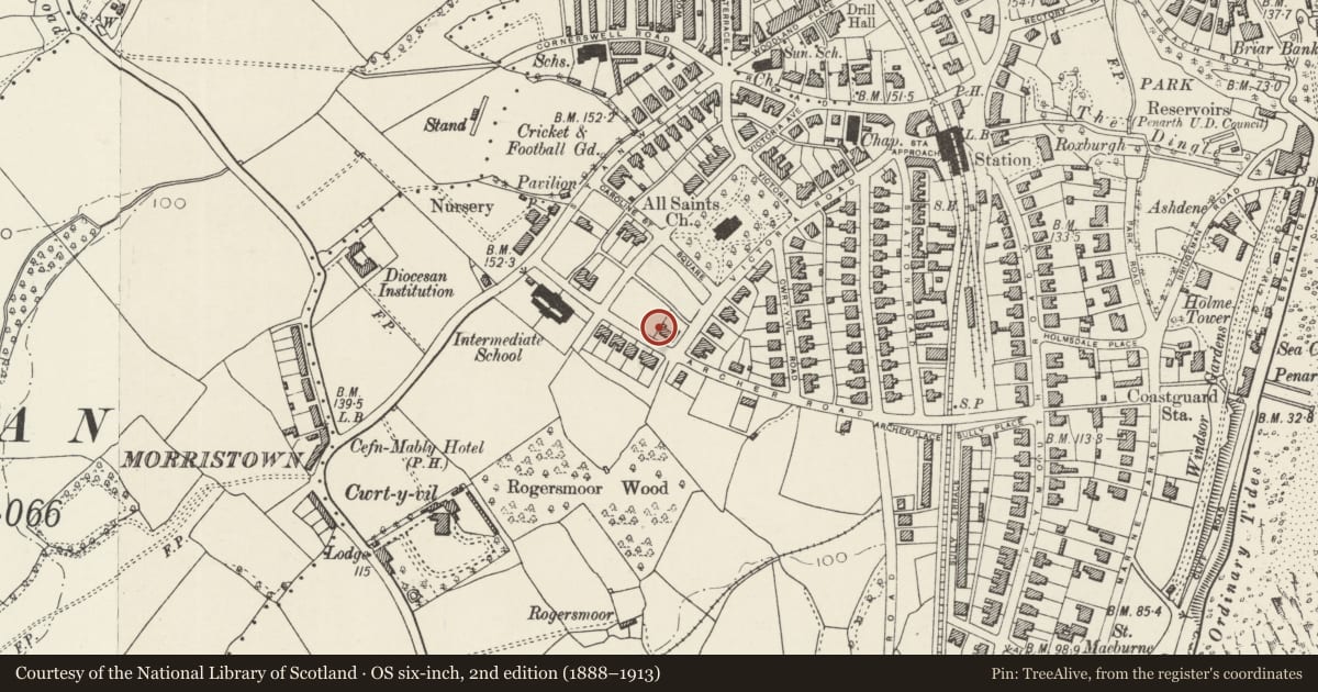 Ordnance Survey six-inch map, 2nd edition (1888–1913) covering the location of 22 Archer Road, Penarth, Vale of Glamorgan, with a pin at the register's coordinates