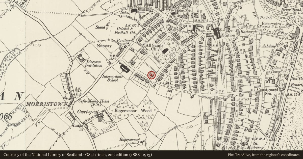 Ordnance Survey six-inch map, 2nd edition (1888–1913) covering the location of 24 Archer Road, Penarth, Vale of Glamorgan, with a pin at the register's coordinates