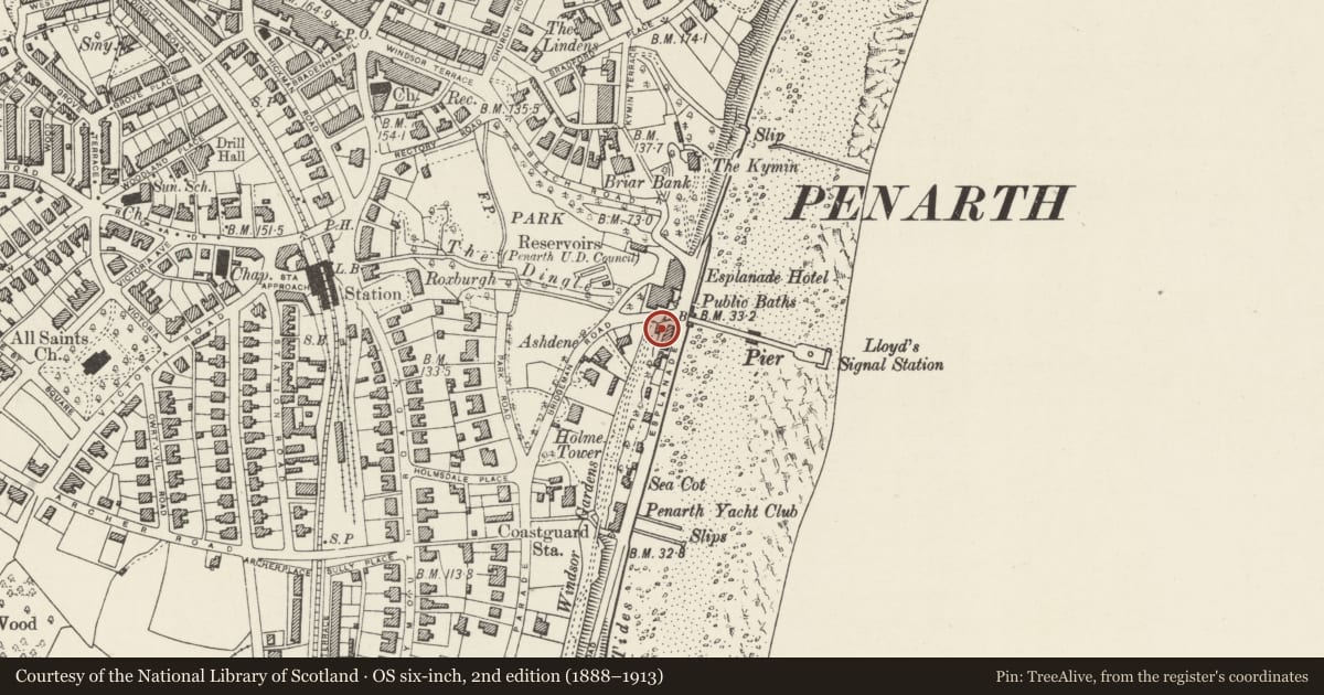 Ordnance Survey six-inch map, 2nd edition (1888–1913) covering the location of N.Lodge to Windsor Gardens (Piermaster's Lodge), Penarth, Vale of Glamorgan, with a pin at the register's coordinates