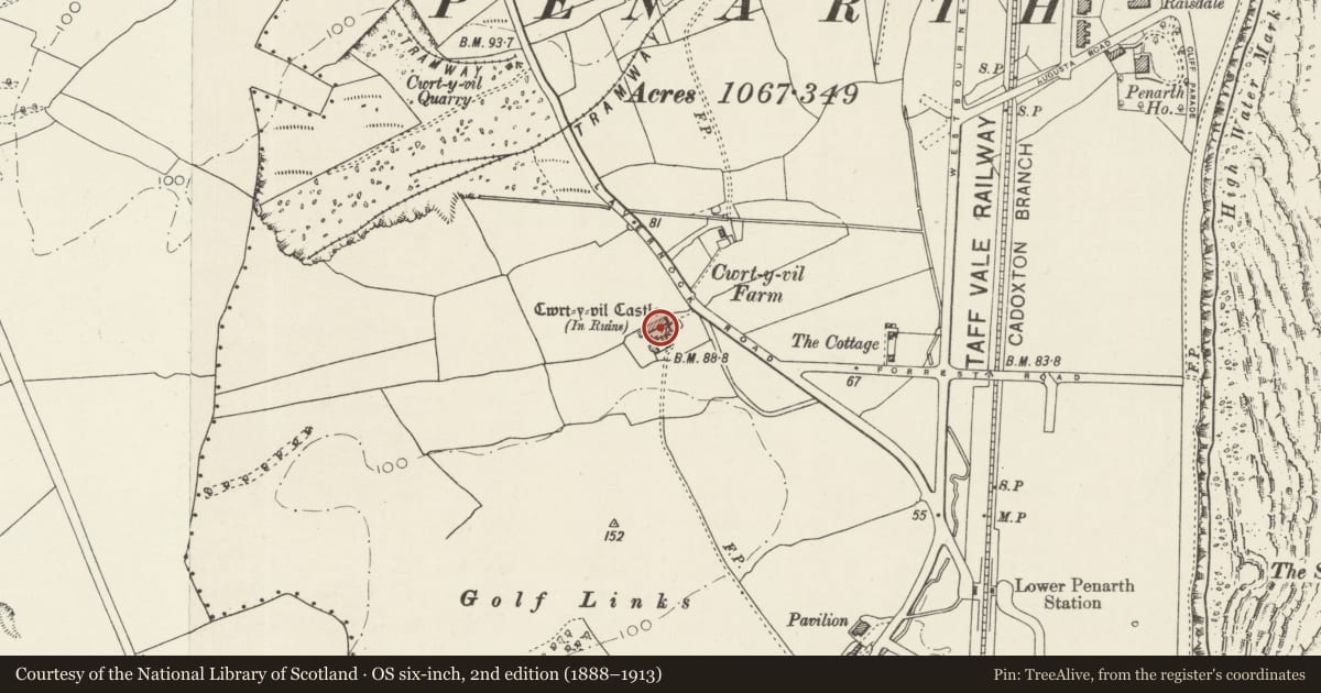 Ordnance Survey six-inch map, 2nd edition (1888–1913) covering the location of Remains of Cwrt-y-vil Grange (generally known as Cwrt-y-Vil Castle), Penarth, Vale of Glamorgan, with a pin at the register's coordinates