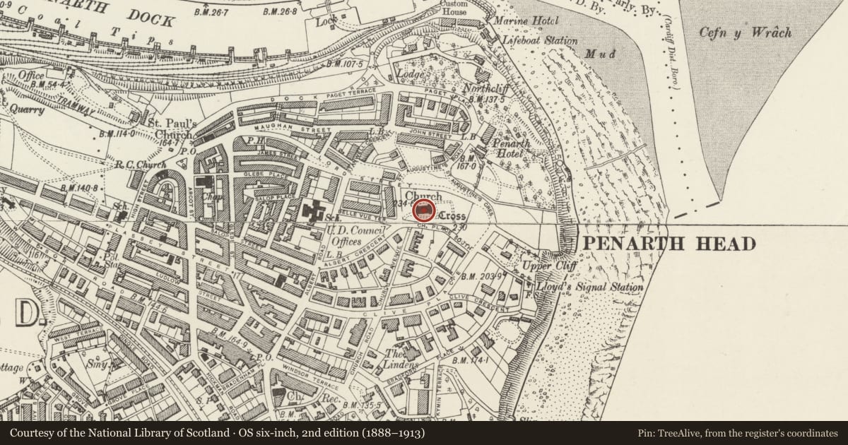 Ordnance Survey six-inch map, 2nd edition (1888–1913) covering the location of St Augustine's Parish Church, Penarth, Vale of Glamorgan, with a pin at the register's coordinates