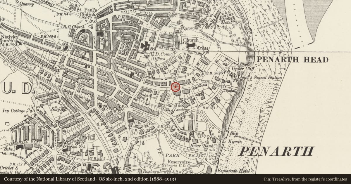 Ordnance Survey six-inch map, 2nd edition (1888–1913) covering the location of Telephone Call-box at the corner with Church Avenue, Penarth, Vale of Glamorgan, with a pin at the register's coordinates