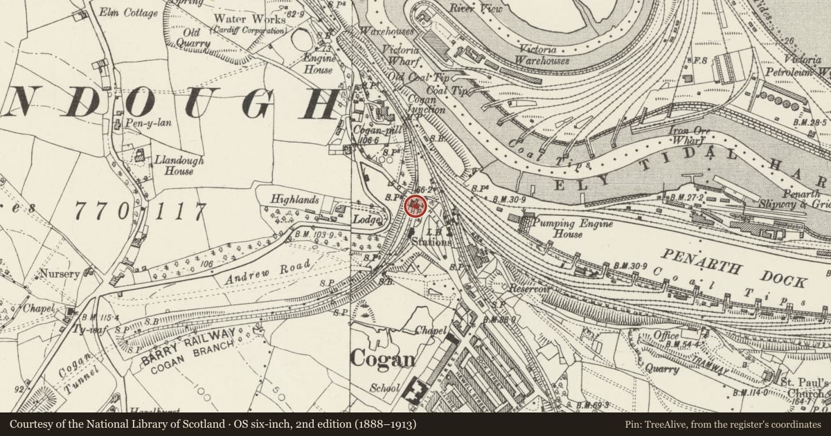 Ordnance Survey six-inch map, 2nd edition (1888–1913) covering the location of Footbridge at Cogan's Station, Penarth, Vale of Glamorgan, with a pin at the register's coordinates