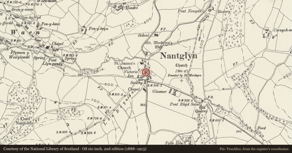 Ordnance Survey six-inch map, 2nd edition (1888–1913) covering the location of Telephone Call-box, Nantglyn, Denbighshire, with a pin at the register's coordinates