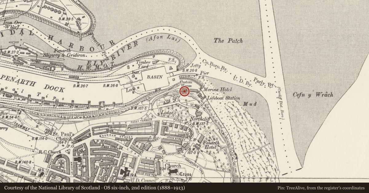 Ordnance Survey six-inch map, 2nd edition (1888–1913) covering the location of Customs House, Penarth, Vale of Glamorgan, with a pin at the register's coordinates