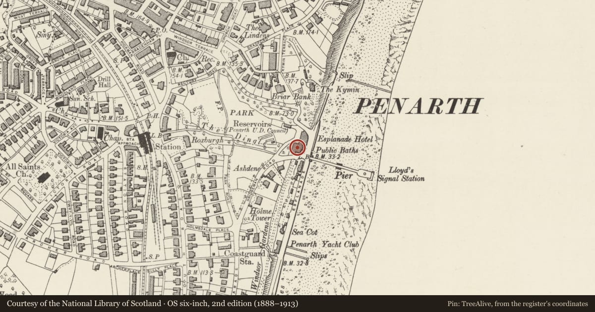 Ordnance Survey six-inch map, 2nd edition (1888–1913) covering the location of Inn at the Deep End (former Penarth Baths & Supervisor's Office), Vale of Glamorgan, with a pin at the register's coordinates