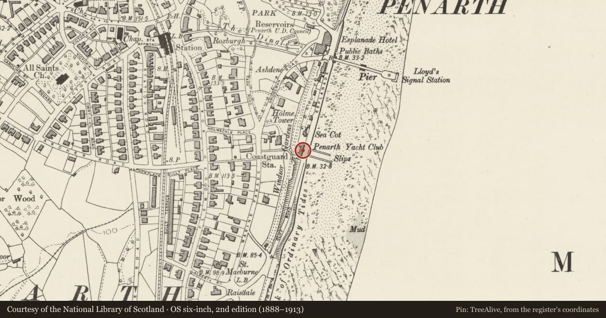 Ordnance Survey six-inch map, 2nd edition (1888–1913) covering the location of Penarth Yacht Club House, Vale of Glamorgan, with a pin at the register's coordinates