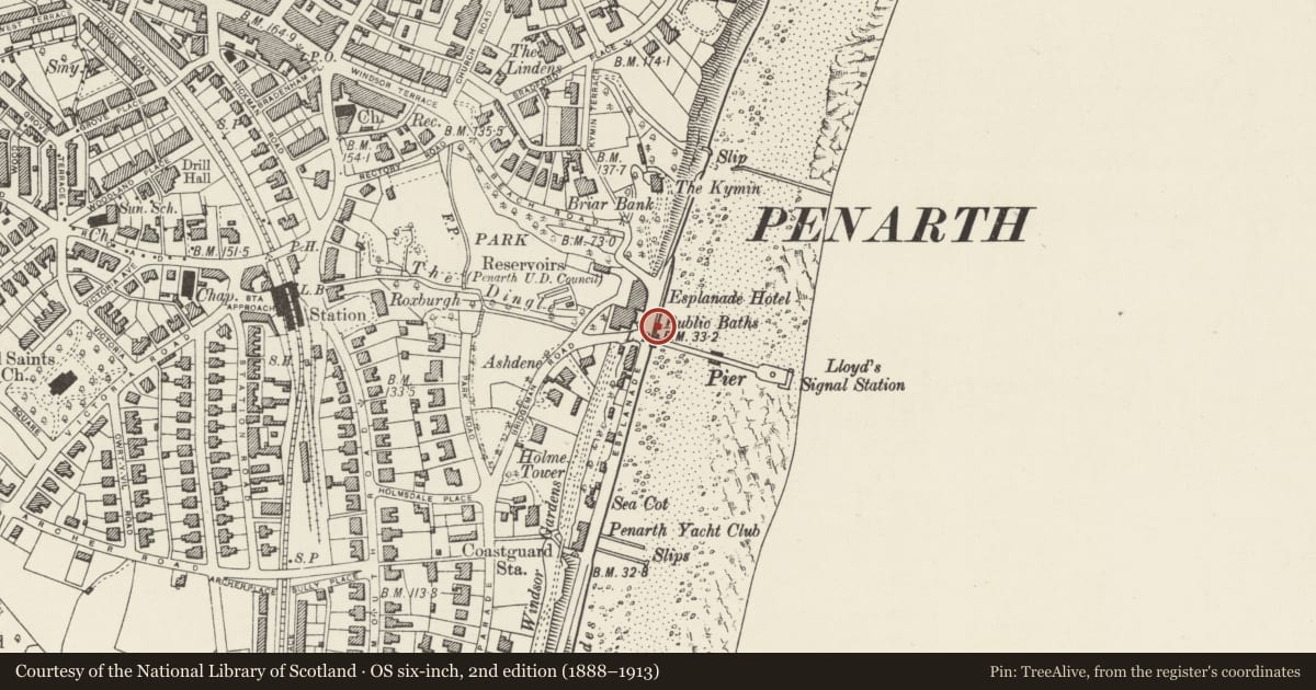 Ordnance Survey six-inch map, 2nd edition (1888–1913) covering the location of Telephone Call-box in front of the Pavilion and Pier, Penarth, Vale of Glamorgan, with a pin at the register's coordinates