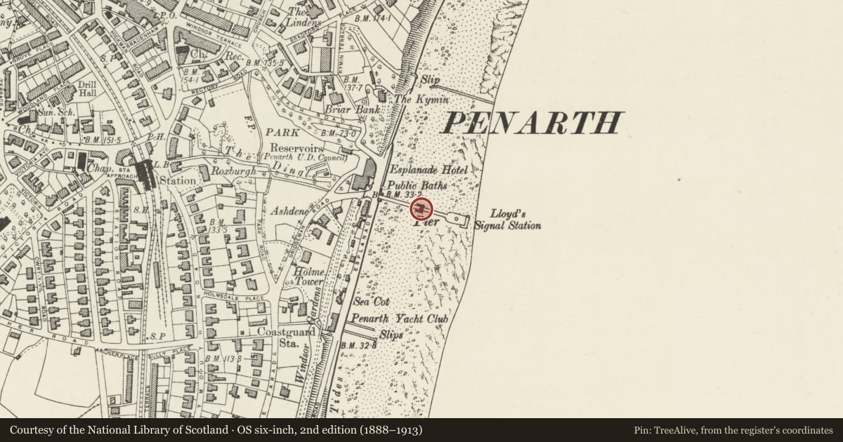 Ordnance Survey six-inch map, 2nd edition (1888–1913) covering the location of Penarth Pier (includingI Pavilion & Shops), Vale of Glamorgan, with a pin at the register's coordinates