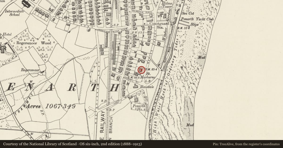 Ordnance Survey six-inch map, 2nd edition (1888–1913) covering the location of Greylands, Penarth, Vale of Glamorgan, with a pin at the register's coordinates