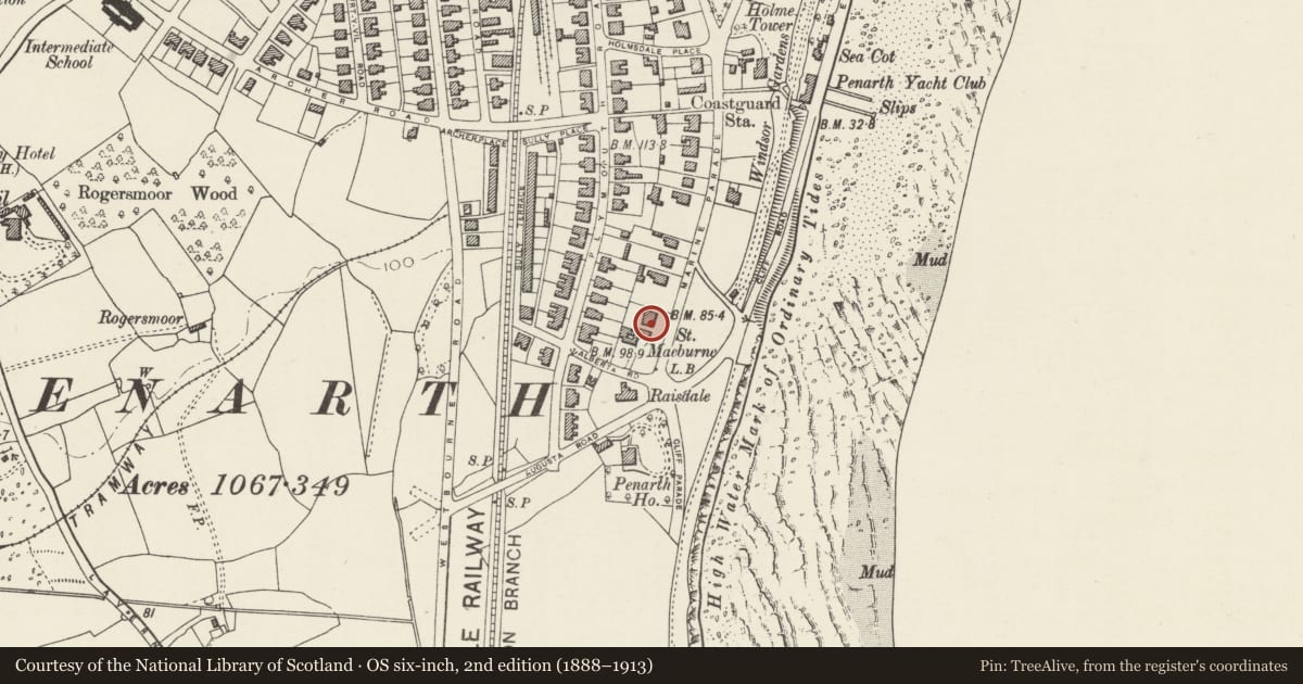 Ordnance Survey six-inch map, 2nd edition (1888–1913) covering the location of Leigh Holme, Penarth, Vale of Glamorgan, with a pin at the register's coordinates