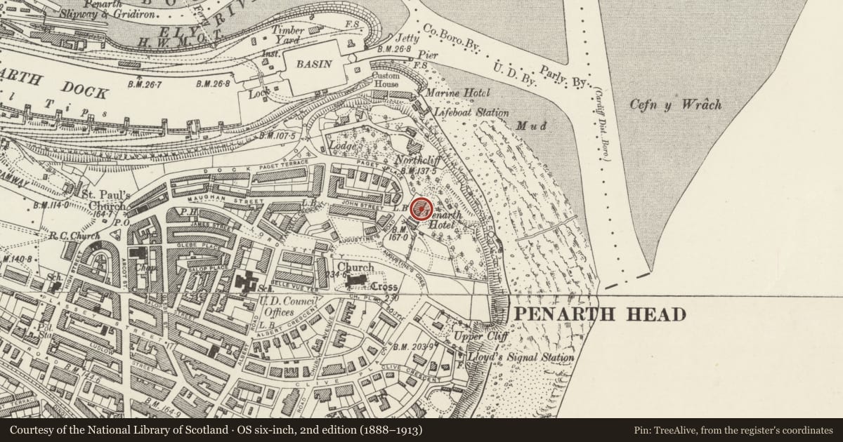 Ordnance Survey six-inch map, 2nd edition (1888–1913) covering the location of Headlands School, Penarth, Vale of Glamorgan, with a pin at the register's coordinates