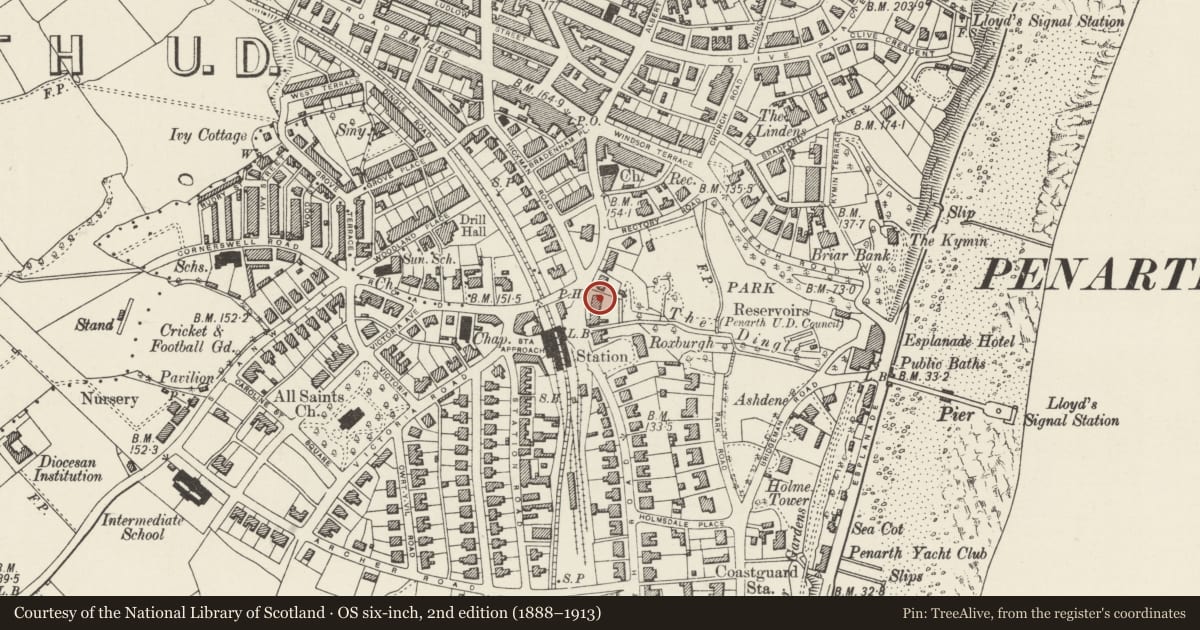 Ordnance Survey six-inch map, 2nd edition (1888–1913) covering the location of 2 Plymouth Road, Penarth, Vale of Glamorgan, with a pin at the register's coordinates