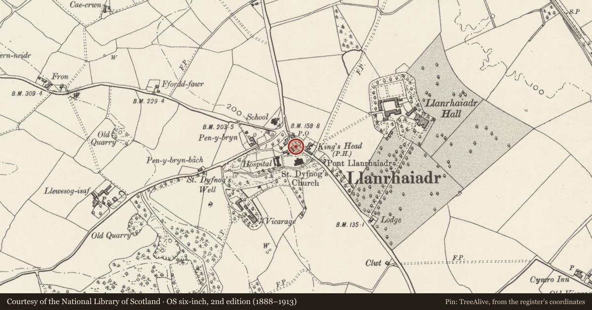 Ordnance Survey six-inch map, 2nd edition (1888–1913) covering the location of Telephone Call-box, Llanrhaeadr yng Nghinmeirch, Denbighshire, with a pin at the register's coordinates