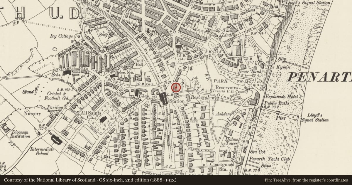 Ordnance Survey six-inch map, 2nd edition (1888–1913) covering the location of 6 Plymouth Road, Penarth, Vale of Glamorgan, with a pin at the register's coordinates