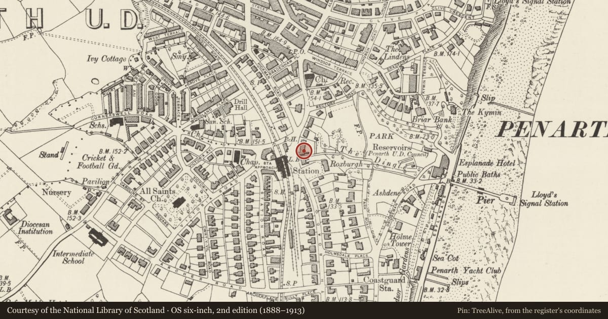 Ordnance Survey six-inch map, 2nd edition (1888–1913) covering the location of 8 Plymouth Road, Penarth, Vale of Glamorgan, with a pin at the register's coordinates