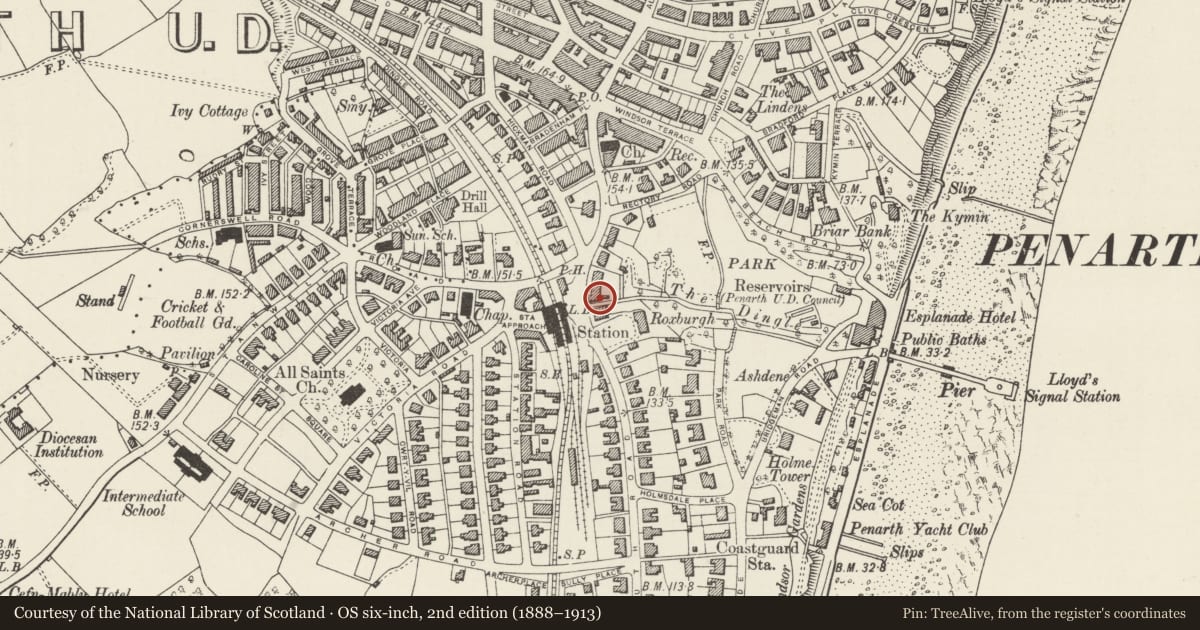Ordnance Survey six-inch map, 2nd edition (1888–1913) covering the location of 10 Plymouth Road, Penarth, Vale of Glamorgan, with a pin at the register's coordinates