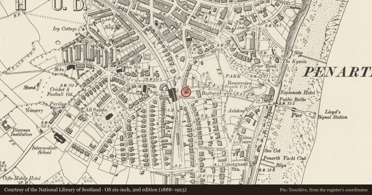 Ordnance Survey six-inch map, 2nd edition (1888–1913) covering the location of Turner House Art Galley, Penarth, Vale of Glamorgan, with a pin at the register's coordinates