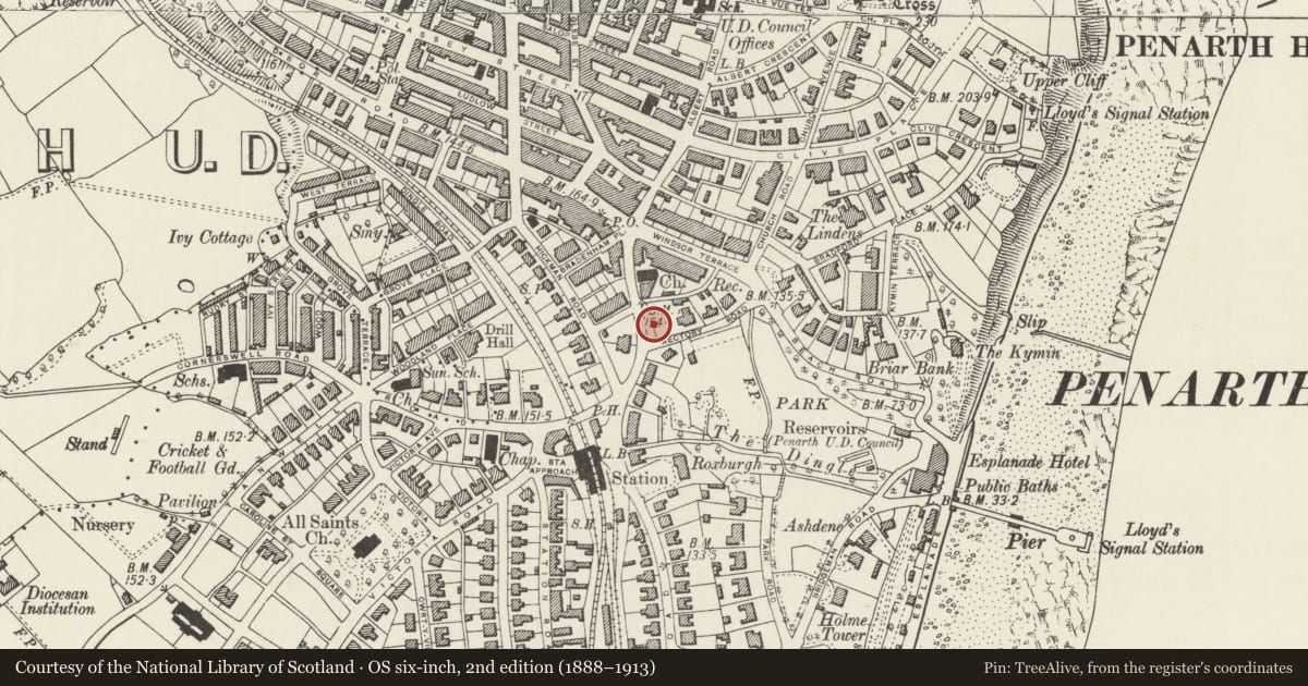 Ordnance Survey six-inch map, 2nd edition (1888–1913) covering the location of Public Library, Penarth, Vale of Glamorgan, with a pin at the register's coordinates