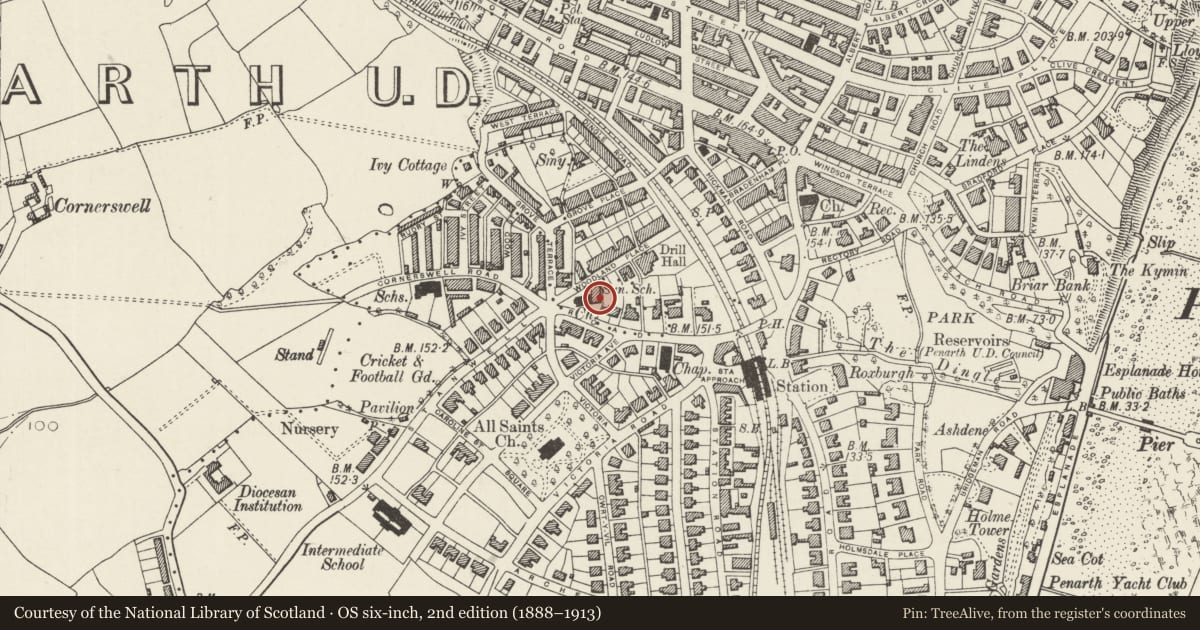 Ordnance Survey six-inch map, 2nd edition (1888–1913) covering the location of Church Hall attached to Trinity Methodist Church, Penarth, Vale of Glamorgan, with a pin at the register's coordinates