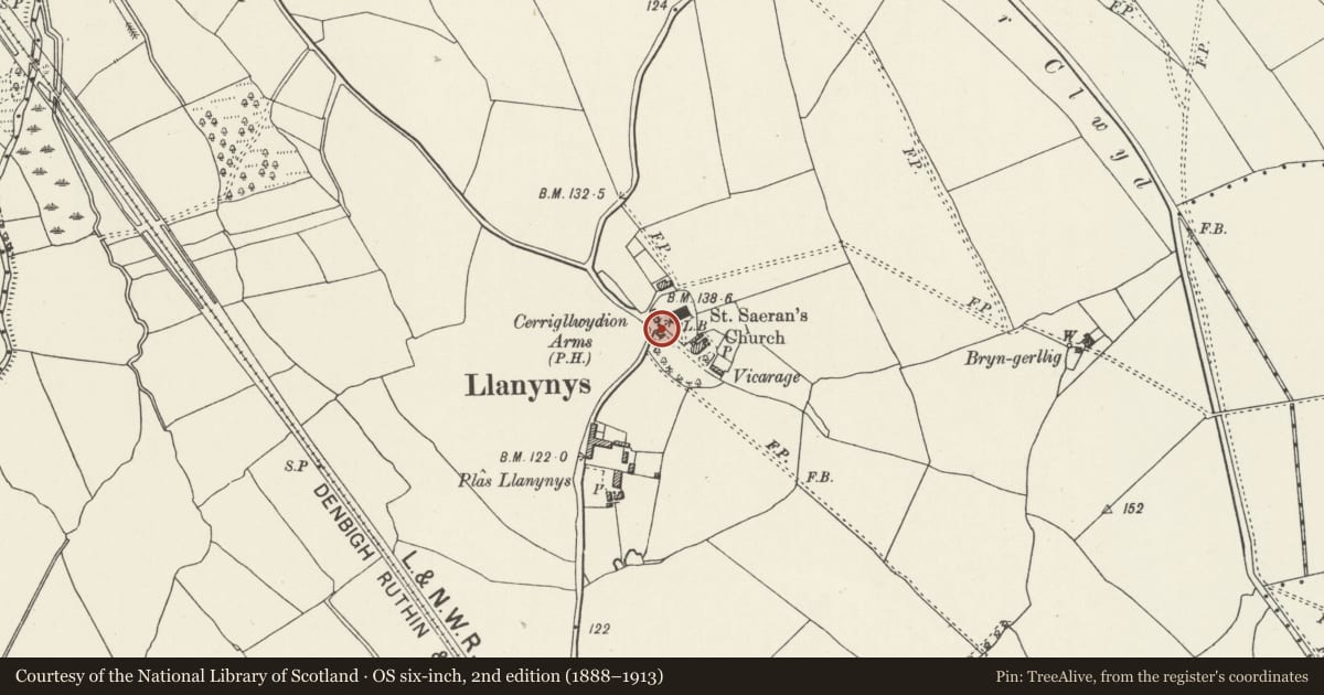 Ordnance Survey six-inch map, 2nd edition (1888–1913) covering the location of Telephone Call-box, Llanynys, Denbighshire, with a pin at the register's coordinates