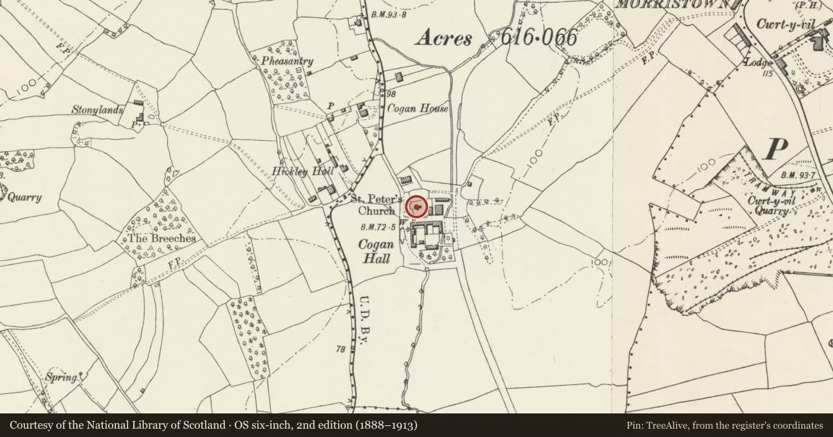 Ordnance Survey six-inch map, 2nd edition (1888–1913) covering the location of St Peter's Church, Penarth, Vale of Glamorgan, with a pin at the register's coordinates