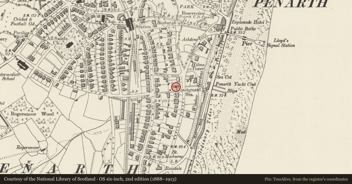 Ordnance Survey six-inch map, 2nd edition (1888–1913) covering the location of 2 Tower Hill Avenue, Penarth, Vale of Glamorgan, with a pin at the register's coordinates