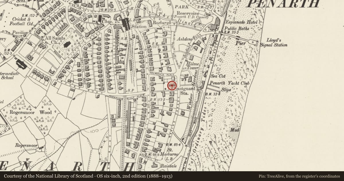 Ordnance Survey six-inch map, 2nd edition (1888–1913) covering the location of 3 Tower Hill Avenue, Penarth, Vale of Glamorgan, with a pin at the register's coordinates