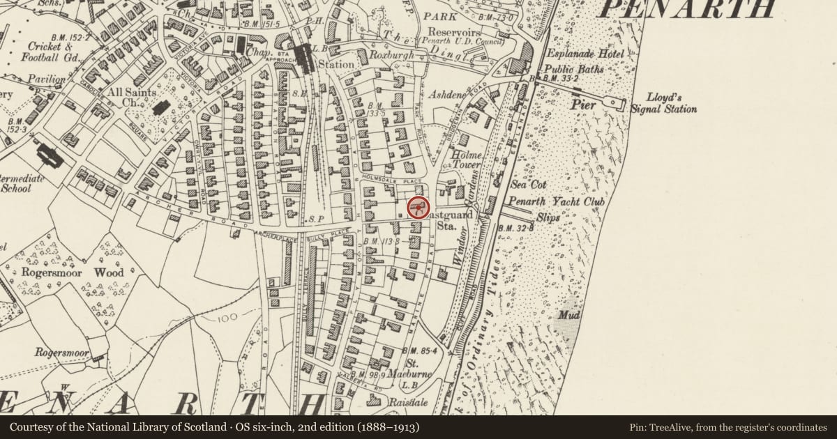 Ordnance Survey six-inch map, 2nd edition (1888–1913) covering the location of 4 Tower Hill Avenue, Penarth, Vale of Glamorgan, with a pin at the register's coordinates