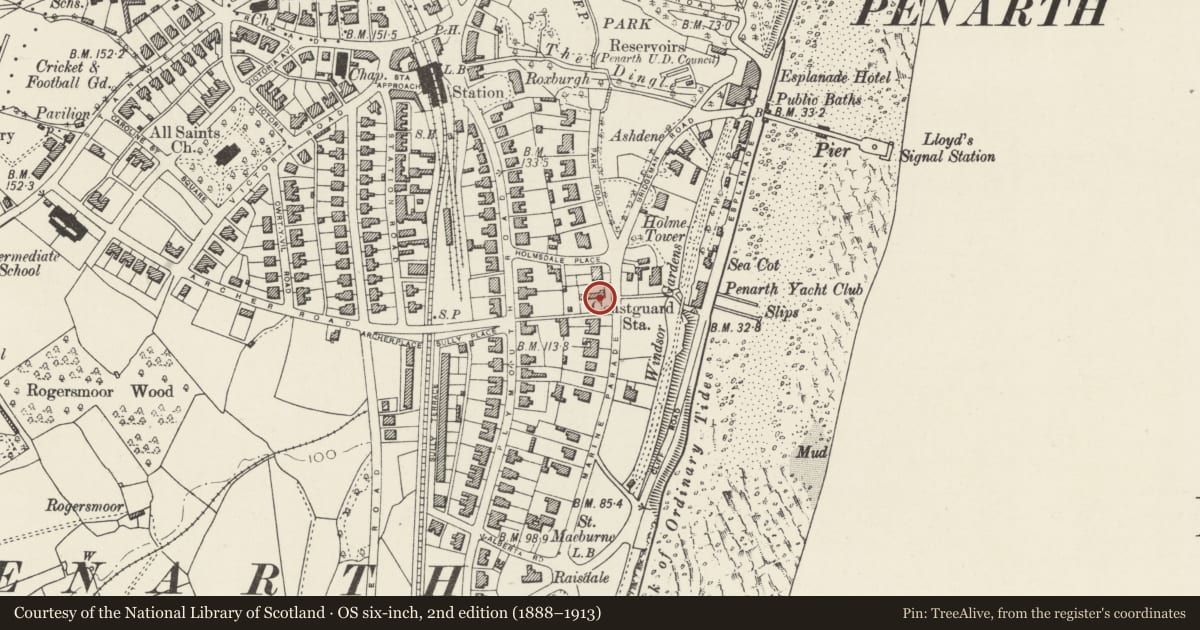 Ordnance Survey six-inch map, 2nd edition (1888–1913) covering the location of 5 Tower Hill Avenue, Penarth, Vale of Glamorgan, with a pin at the register's coordinates