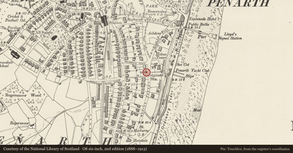 Ordnance Survey six-inch map, 2nd edition (1888–1913) covering the location of Coastguard Cottage, Penarth, Vale of Glamorgan, with a pin at the register's coordinates