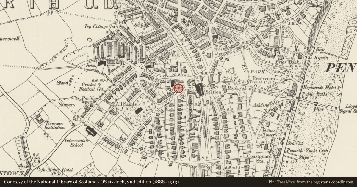 Ordnance Survey six-inch map, 2nd edition (1888–1913) covering the location of Paget Rooms, Penarth, Vale of Glamorgan, with a pin at the register's coordinates